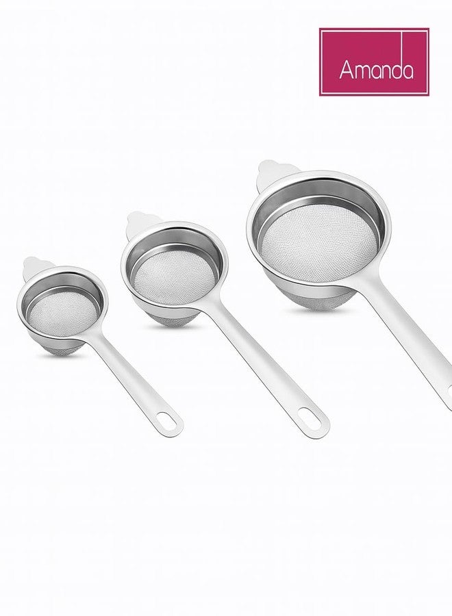 Amanda Nexa Stainless Steel Tea Strainer Set of 3 | 304 Mesh Filter for Chai/Coffee/Milk/Juice | Heavy-Duty | Long Handle Chhalni/Channi for Kitchen Use | Easy to Clean, Durable Mesh - Image 5